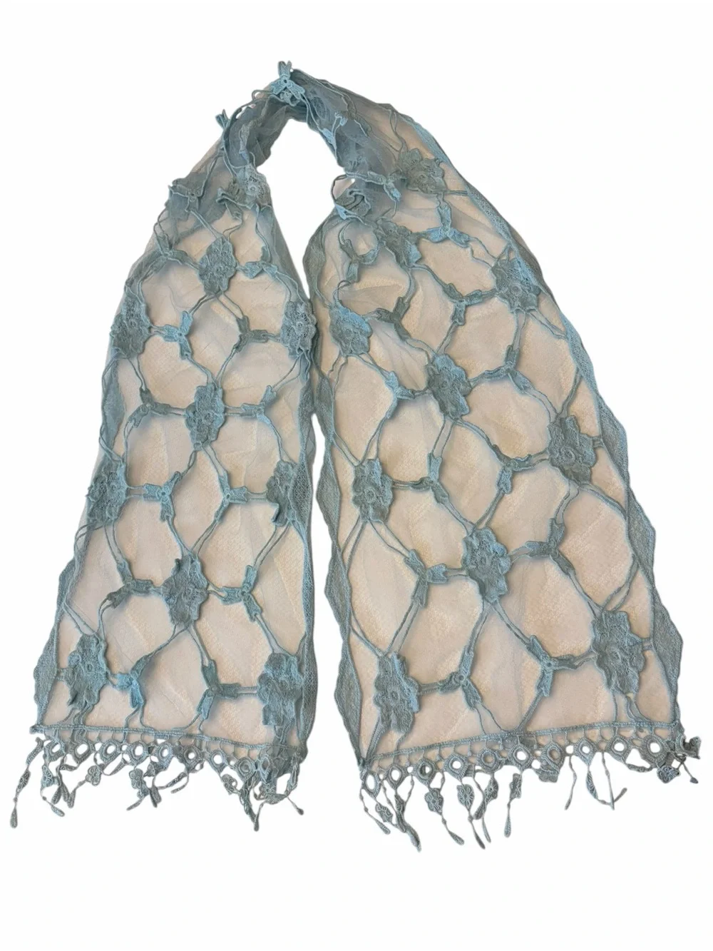 Sheer Baby Blue Floral Lace Scarf Fringe 76” Bohemian Coastal‎ Cowgirl Whimsical